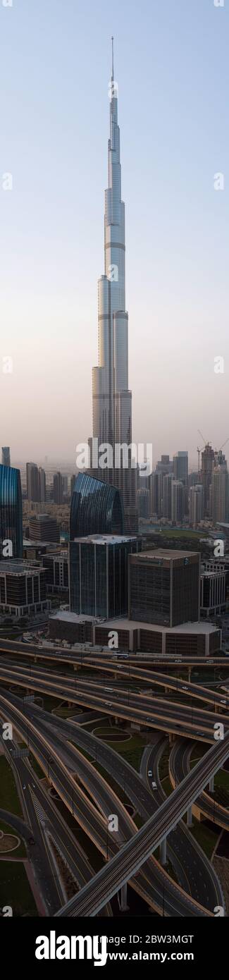 DUBAI, UAE - February 19, 2018: Vertical panorama of Burj Khalifa, tallest building in the world, Dubai Stock Photo