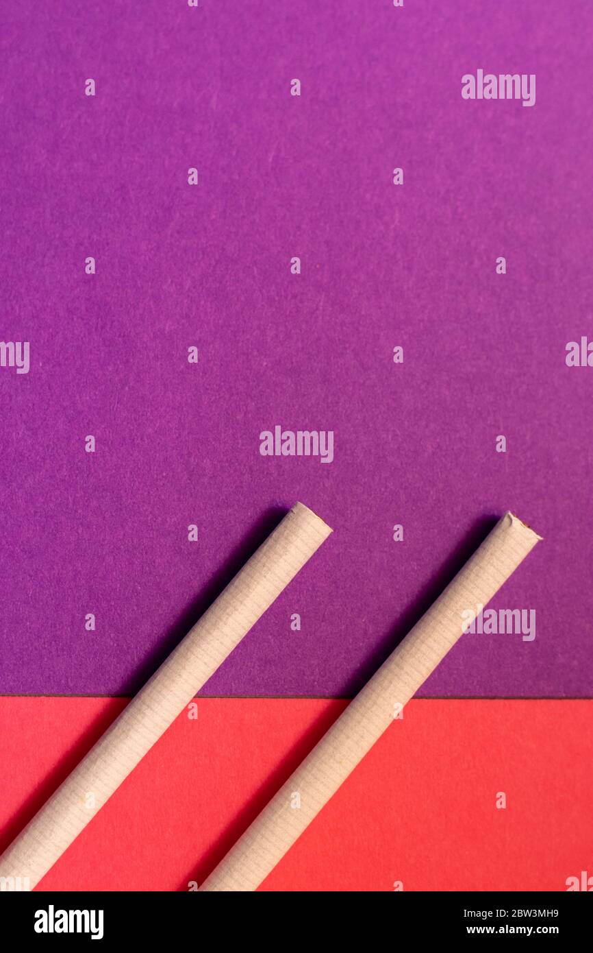 Two cigarettes from above laying flat on pink and purple backgrounds as a symbol of female smoking Stock Photo