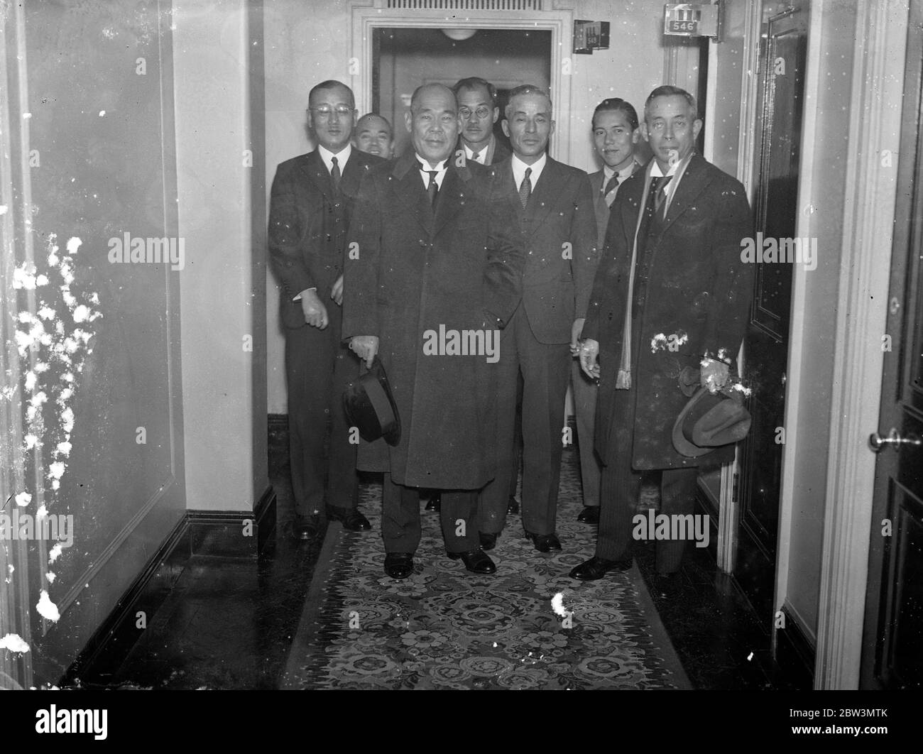 Right to left - Ambassador Nagai , Rear Admiral Iwashita , Interpreter Mixota , Admiral Nagano , Expert Yenomoto . 1935 Stock Photo
