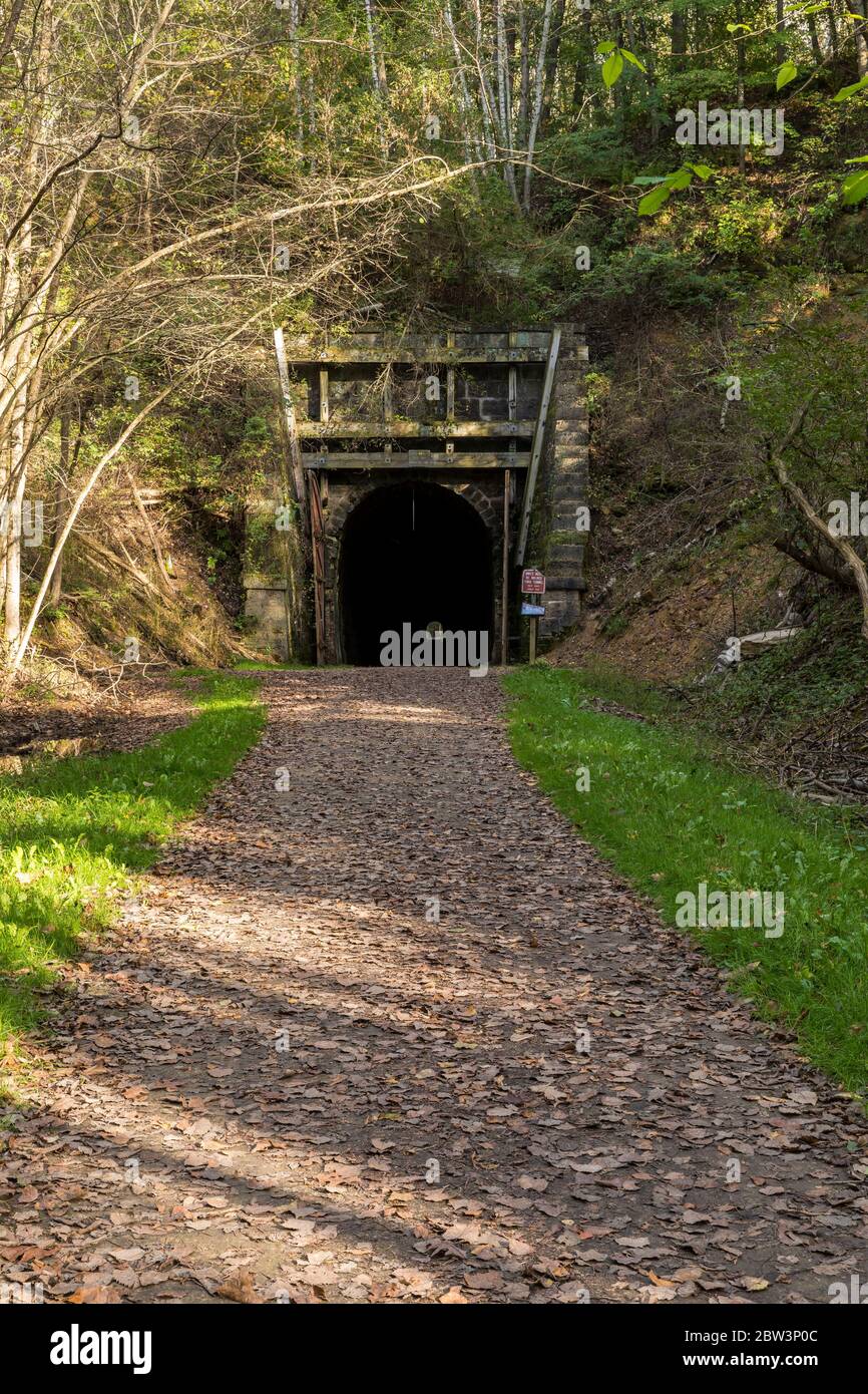 A former railroad line turned into hiking and biking trail with a