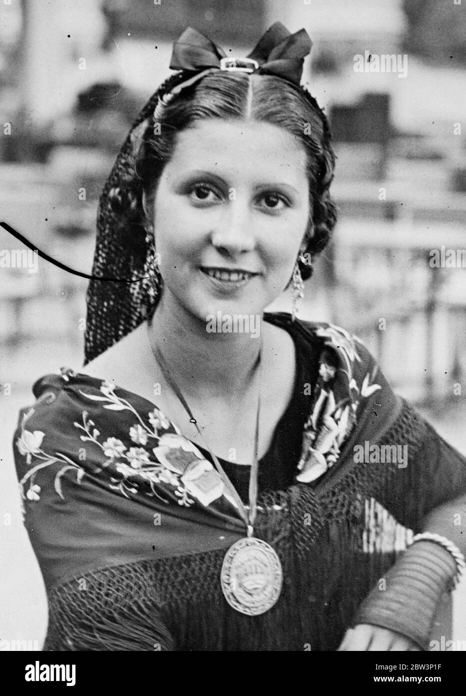 World beauty queens compete for  Miss Universe  title in Brussels . A glimpse of  Old Spain  - Miss Spain smiles for the judges . 28 September 1935 Stock Photo