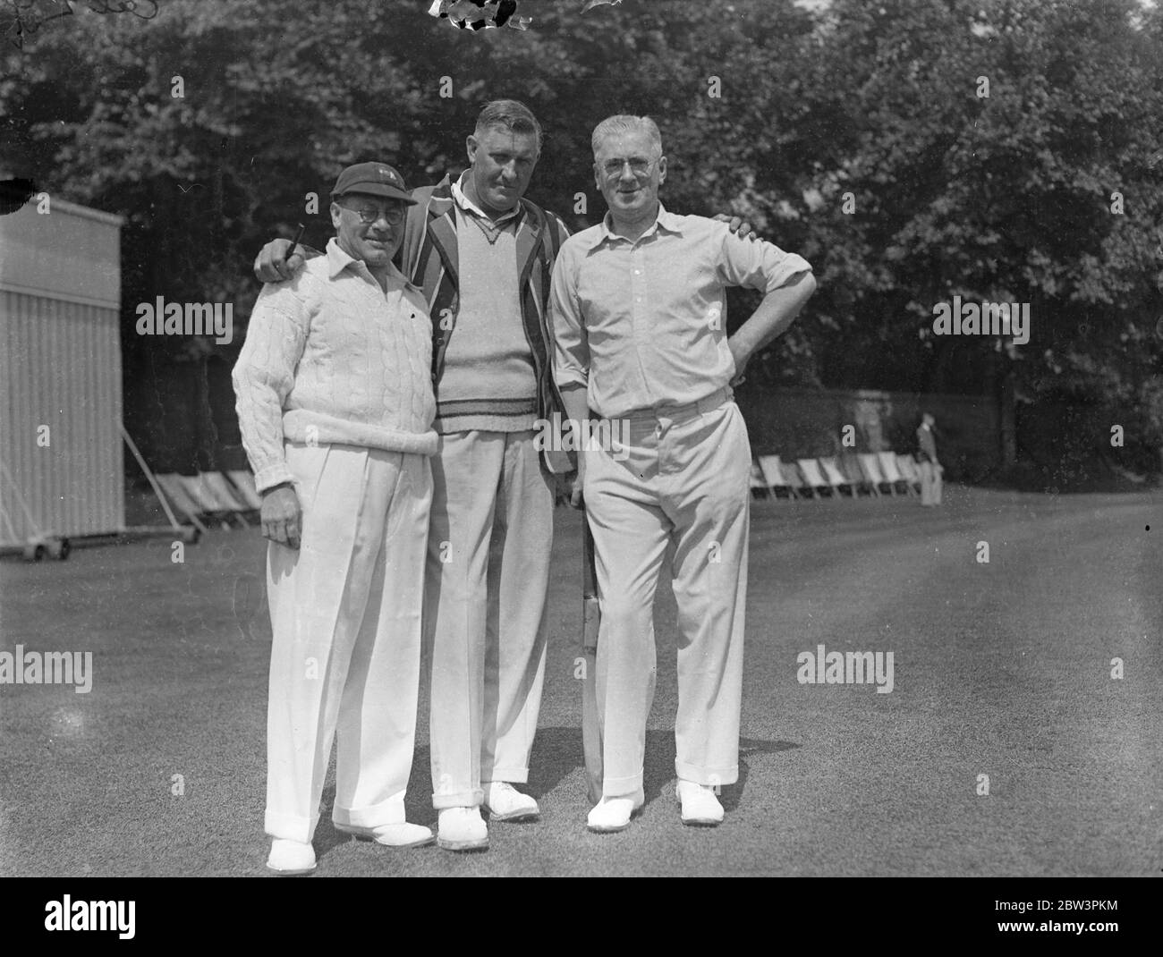 Actors and musicians play annual cricket match . Actors , captained by Brian Egerton , and Musicians , led by Hubert Baker . played their annual cricket match in aid of the Musicians Benevolent Fund at the Hampstead Cricket Club ground , Hampstead . Photo shows , 3 Yorkshire players . Left to right B Unwin , T Green and H Baker all musicians . 27 July 1936 Stock Photo
