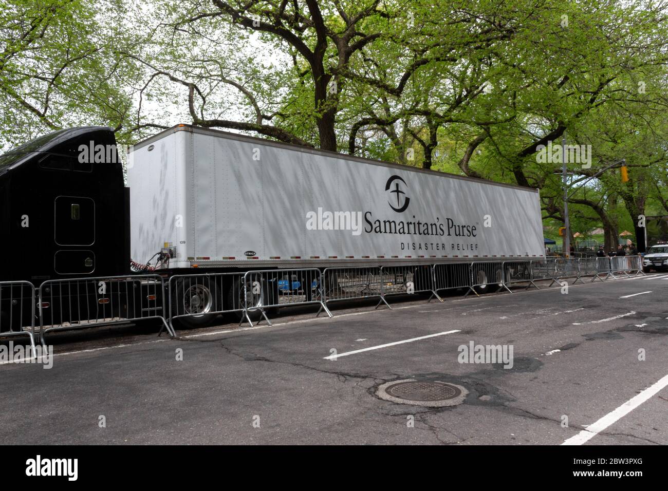 a Samaritan's Purse truck parked in front of the Central Park field hospital built by the evangelical group to treat coronavirus or covid-19 patients Stock Photo
