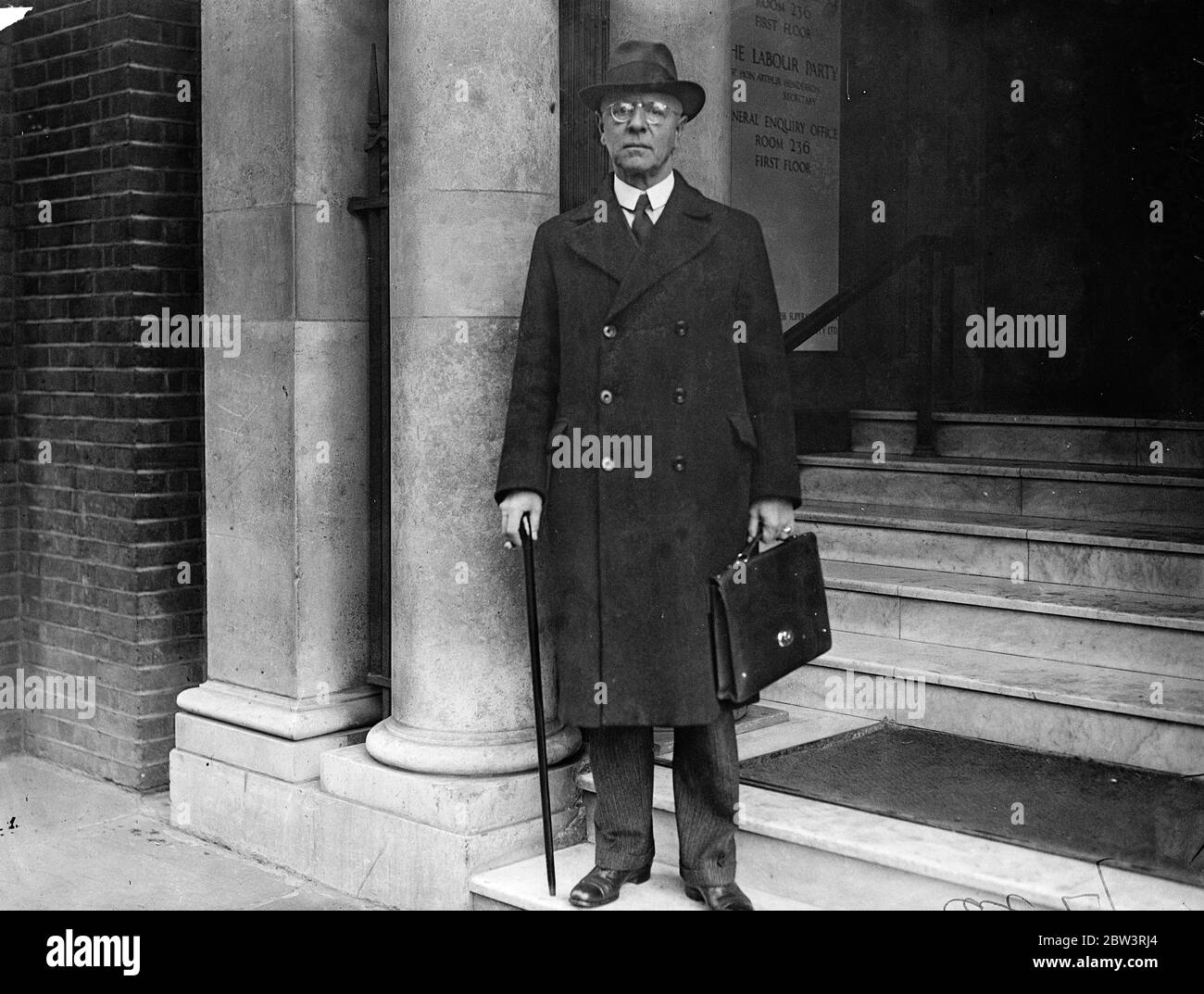 The Dutch representatives arrive for second international meeting in London . The Second ( Socialist ) International is meeting at Transport House , Westminster , London . Delegates from all over Europe are attending the conference of the International . The second International was founded in 1889 and re established after the War at the 1923 Hamburg Conference . Photo shows , M J W Albards of Scheveningen , Holland , at Transport House . 18 March 1936 Stock Photo