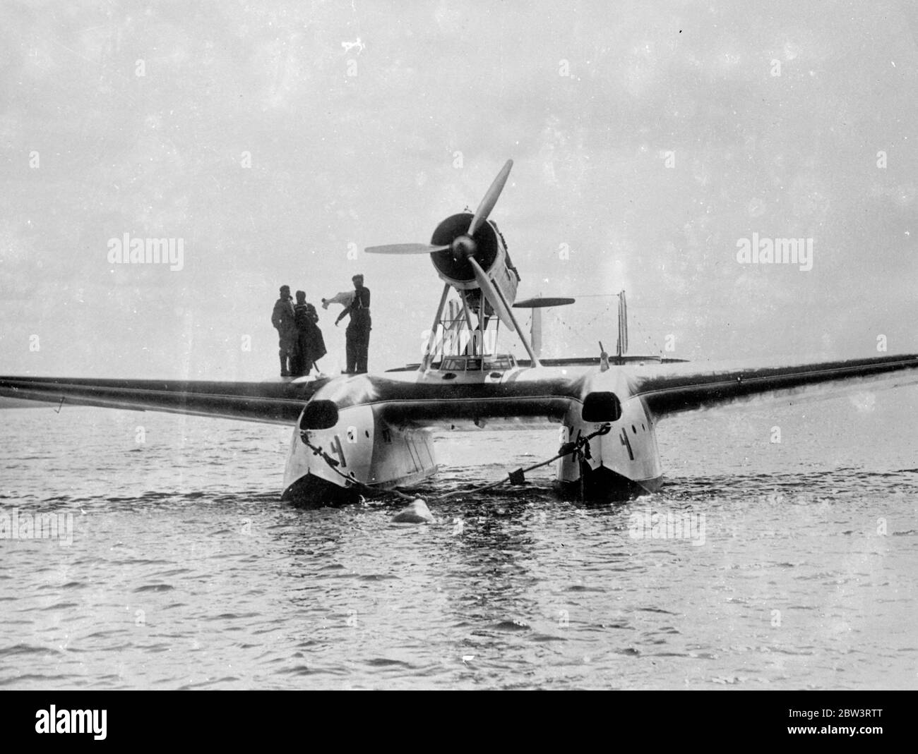 The Italian Air Marshall Italo Balbo became famous for organizing a squadron of S.55s for Atlantic crossings, culminating in his 1933 flight From 1 July - 12 August 1933 , The Italian Air Marshall Italo Balbo led a flight of 24 Savoia-Marchetti S.55 flying boats on a round-trip flight from Rome to the Century of Progress International Exposition in Chicago, Illinois. The flight had seven legs : Orbetello - Amsterdam - Derry - Reykjavík - Cartwright, Labrador - Shediac - Montreal ending on Lake Michigan near Burnham Park. It was his second Atlantic crossings . Photo shows : The Italian Air Mars Stock Photo
