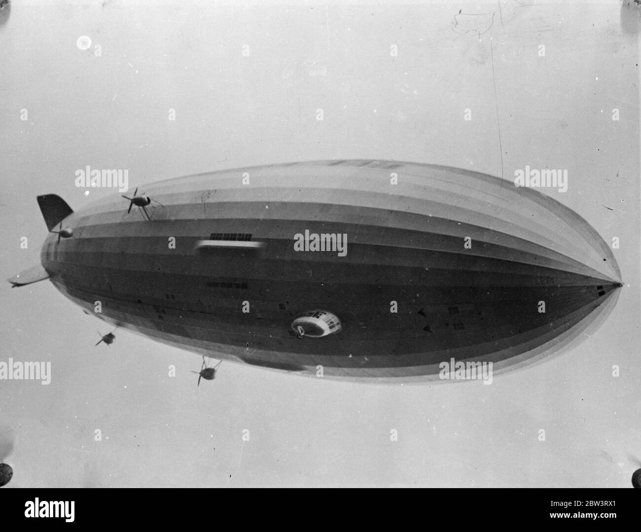New German airship has first trial loaded as for Atlantic flight . Germany ' s great new Zepplin ' President Hindenburg , which is to be used on a trans Atlantic service , took the air for the first time at Friedrichshaven , where she was built . She made a successful flight of three hours loaded as she would be for an Atlantic flight .She had a crew of 50 . Photo shows , the President Hindenburg in flight . 5 March 1936 Stock Photo