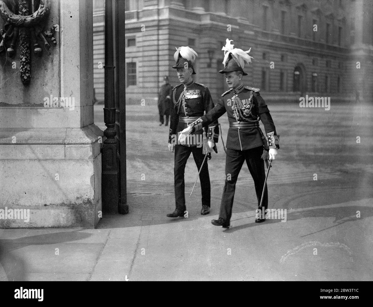 For only the third time in 50 years a Levee was held at Buckingham Palace . The levee council is meeting at St James Palace , the King decided to hold the Levee at Buckingham Palace instead . Photo shows , General Sir Charles ??? and Brigadier ???? . 18 March 1936 Stock Photo