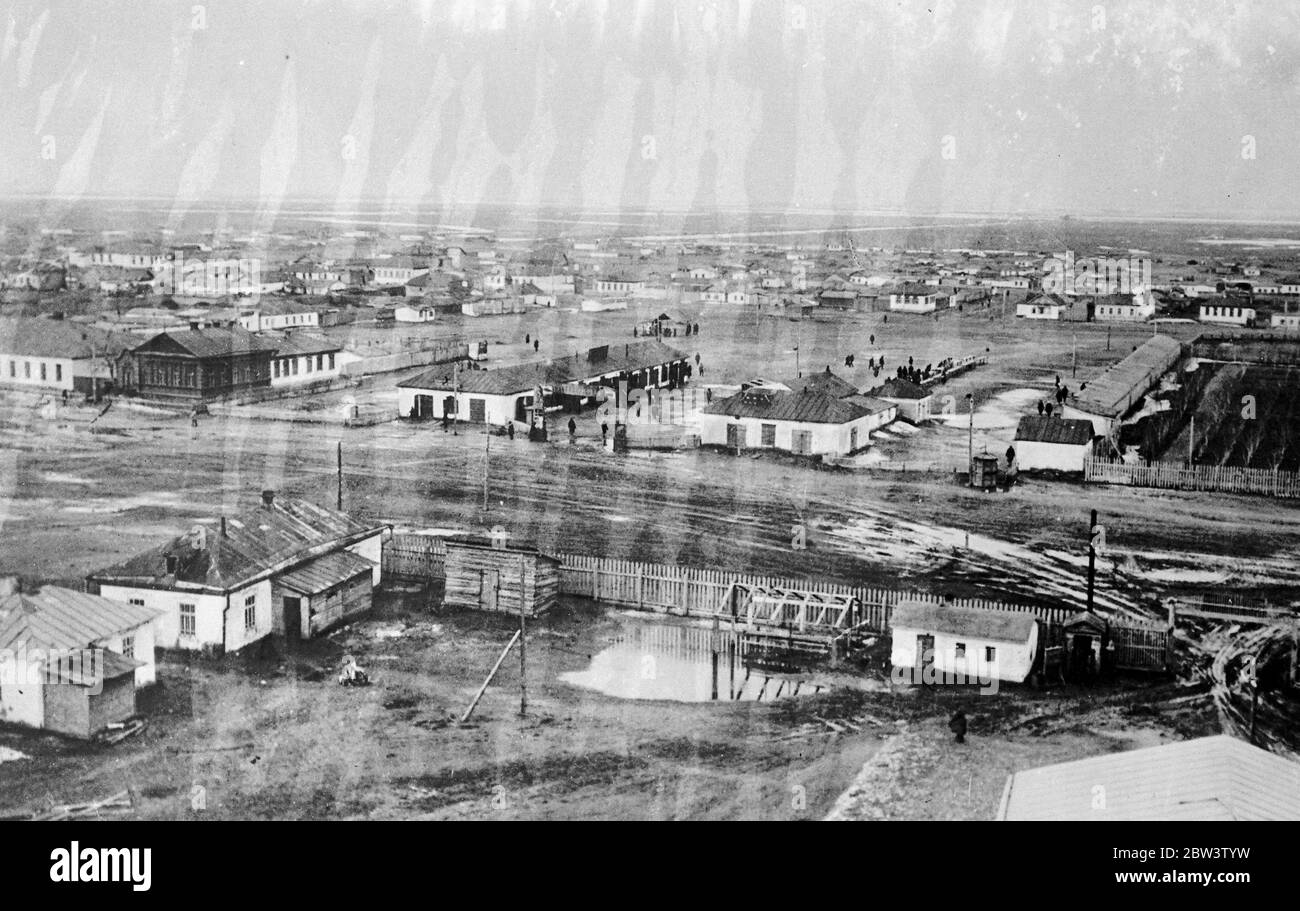 Village from which scientists will observe eclipse of the sun . he Russian village of Ak Bulak , near Orenburg , is preparing to welcome the party of eminent scientists who will observe the eclipse of the sun on June 19 . A special expedition is being formed in America . Photo shows , Ak Bulak , where the observations will be made . 26 April 1936 Stock Photo