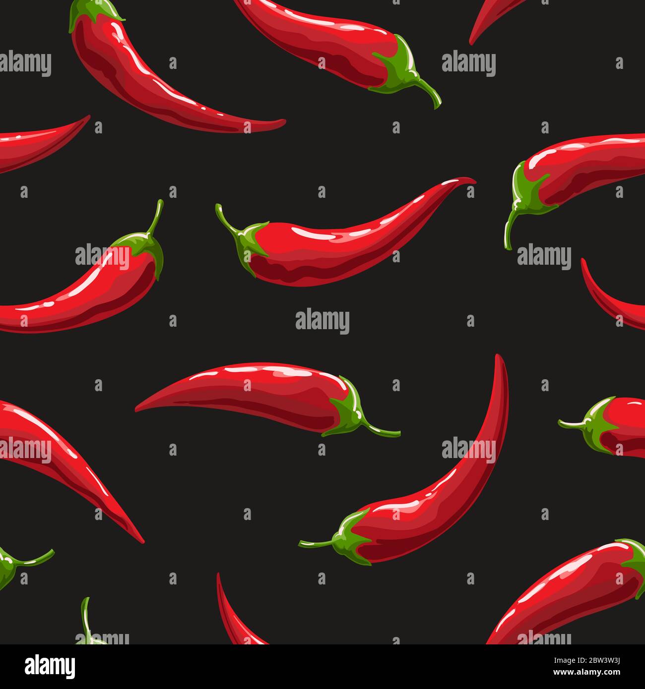 Seamless hand drawn pattern with hot chili pepper on black background. Vector illustration Stock Vector