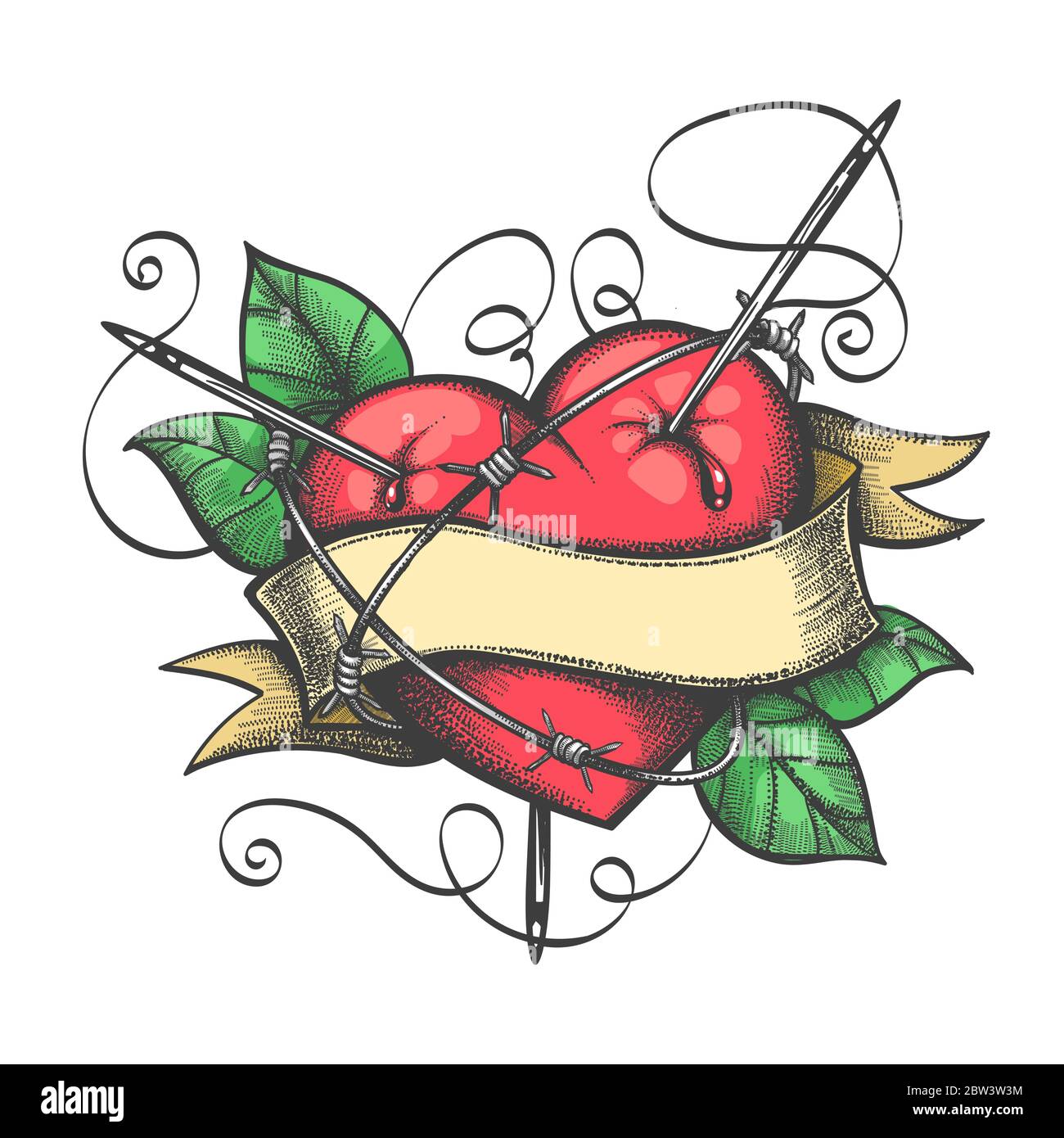 Human Heart with blank ribbon for your text pierced by needles. Love theme Colorful tattoo. Vector illustration. Stock Vector