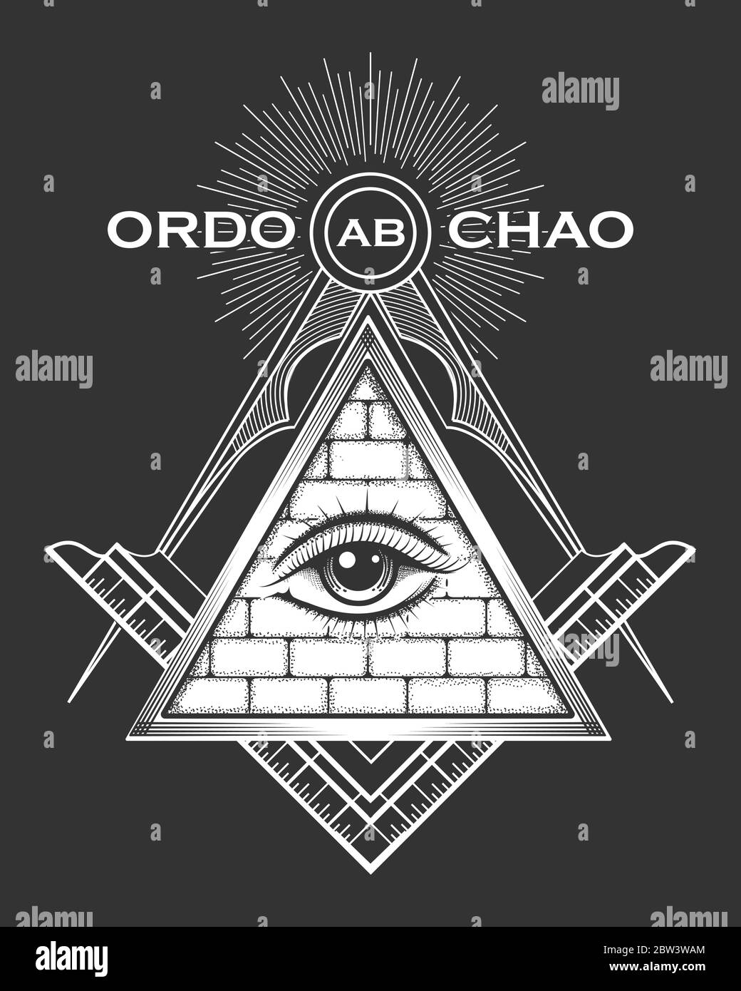 Pypamid with All seeing eye. Mystic occult esoteric symbol with Latin wording Ordo ab Chao what means Order from chaos. Vector illustration. Stock Vector