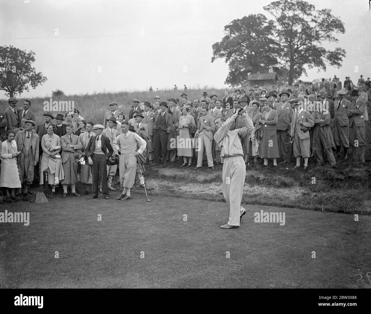 American competitor in big professional golf tournament . Leading golfers are competing in the professional matchplay championships worth Â£1250 at Oxhey , Herts . Photo shows , A H Pagden of Sundridge Park, last year's winner , drawing from the third tee watched by his opponents K Williams ( Dinas Powis ) . 15 September 1936 Stock Photo