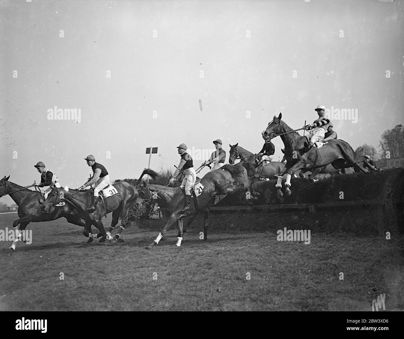 Field Master leads over the jump. Photo shows: Field Master, ridden by his owner, Mr L Densham, leading the field over the first jump in the Sandown Park Open Handicap Steeplechase at the Sandown Royal Artillery meeting. 31 March 1937 Stock Photo