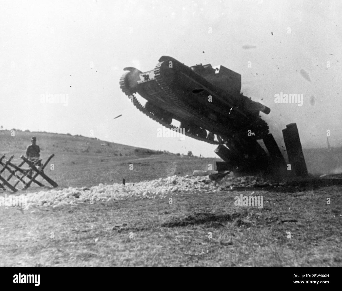 The ' tank takes off ' . One of the Austrian armies modern tanks launched into the air as it climbs over an obstacle at the exercise near Bruck . 22 September 1936 Stock Photo