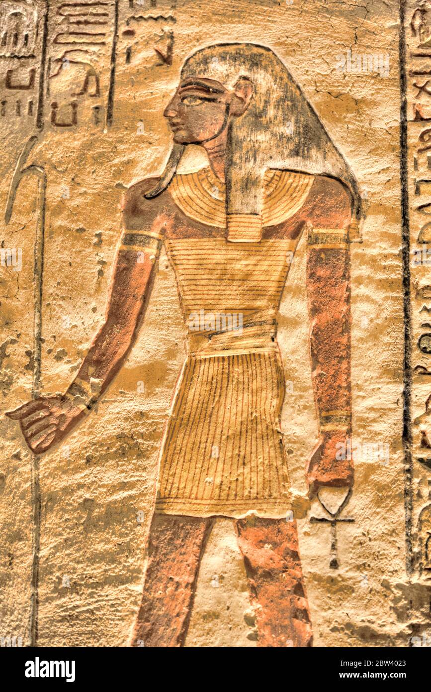 Relief of Pharaoh, Tomb of Ramses V & VI, KV9, Valley of the Kings, UNESCO World Heritage Site, Luxor, Egypt Stock Photo