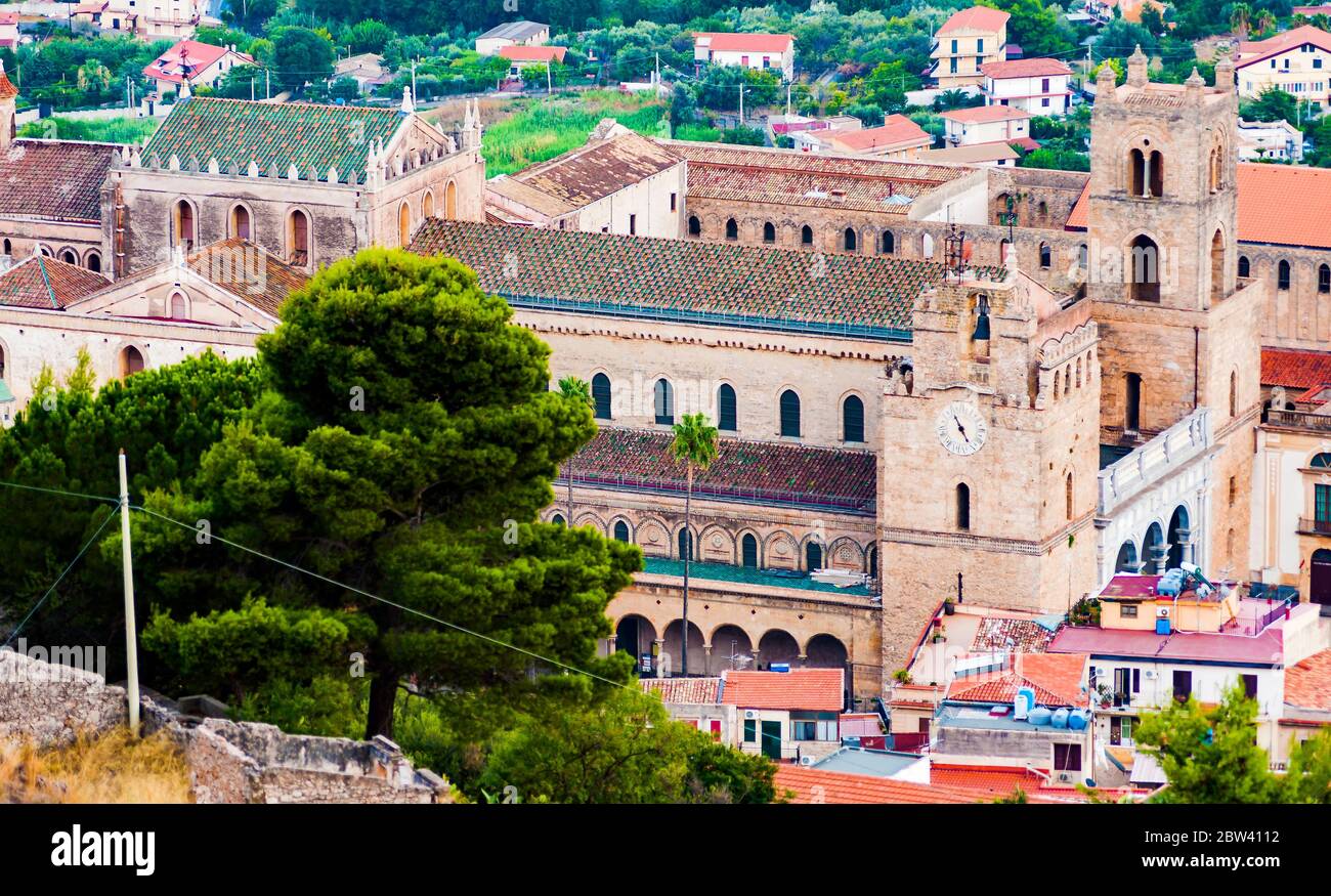 The Monreale Cathedral seen from the mountains that surround the town. Palermo. Italy Stock Photo