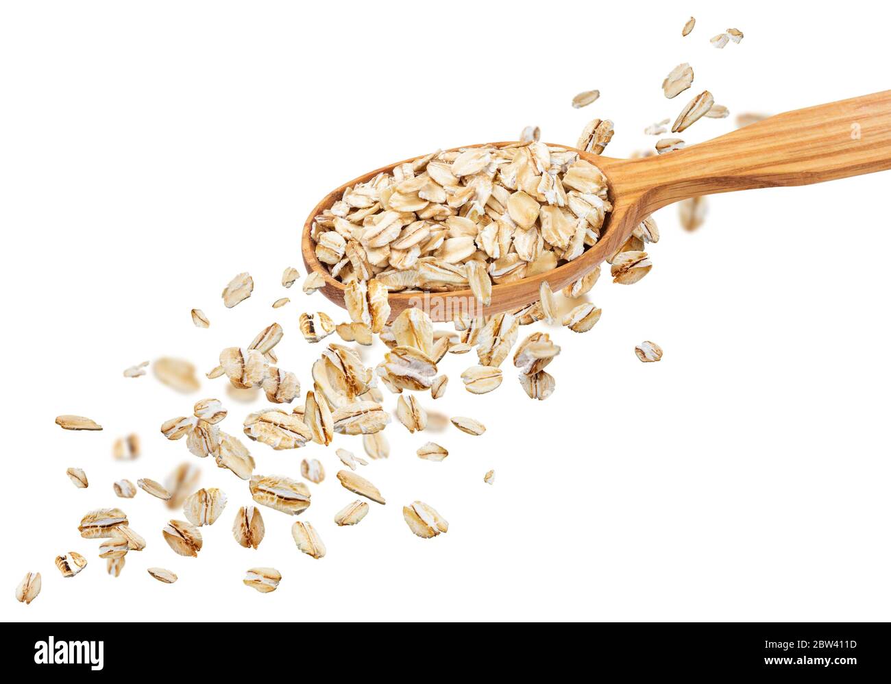 Falling oat flakes isolated on white background Stock Photo