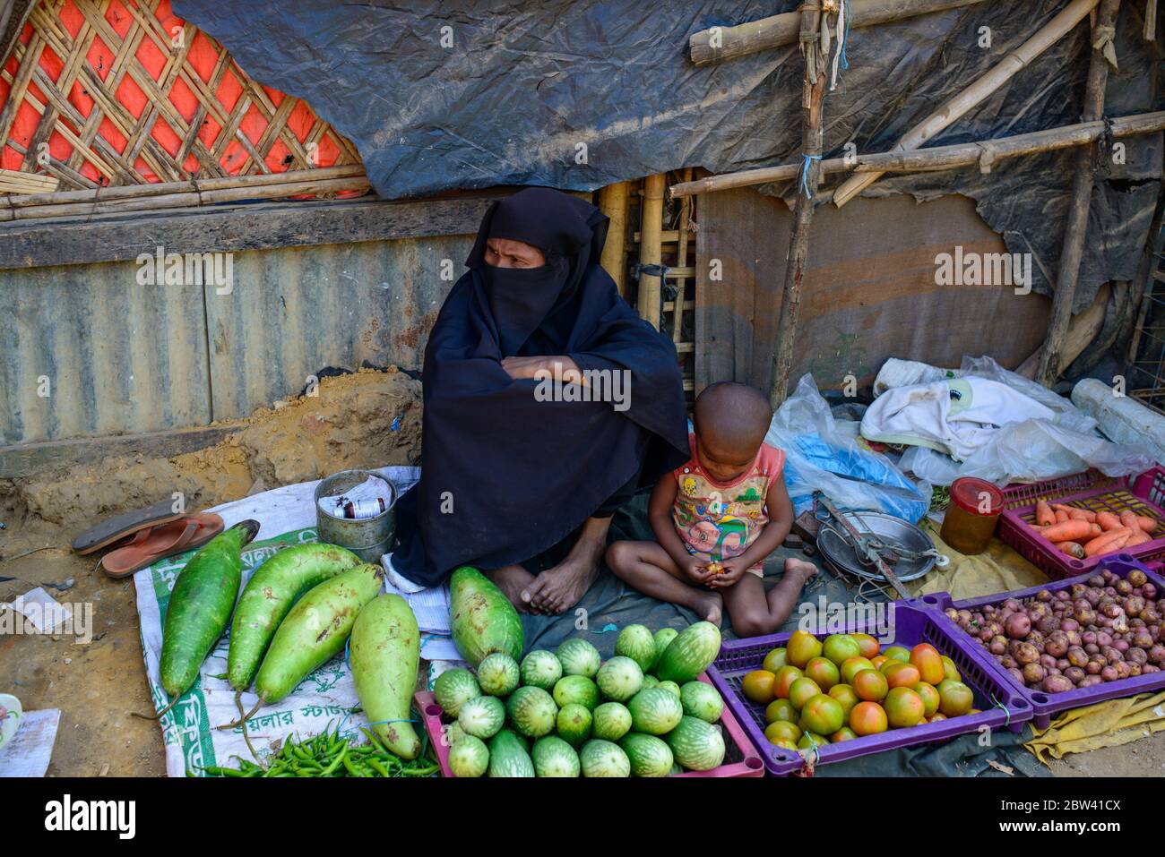 Kutupalong Refugee Camp, Coxs Bazar, Bangladesh - 08 February 2019: Living in one of the biggest refugee camps in the world. Refugees of the Rohinga m Stock Photo
