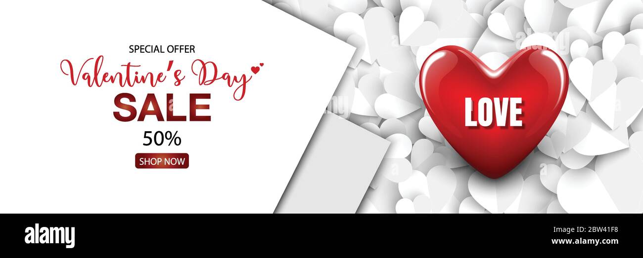 3D Red Heart design on white heart paper cut for valentines day banner ...