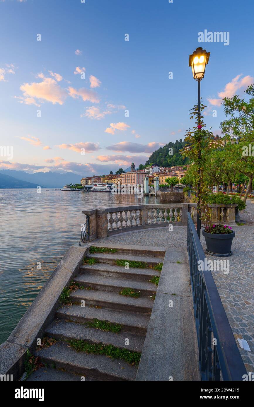 Beautiful scenery of Bellagio and Como lake at dusk blue hour sunset Stock Photo