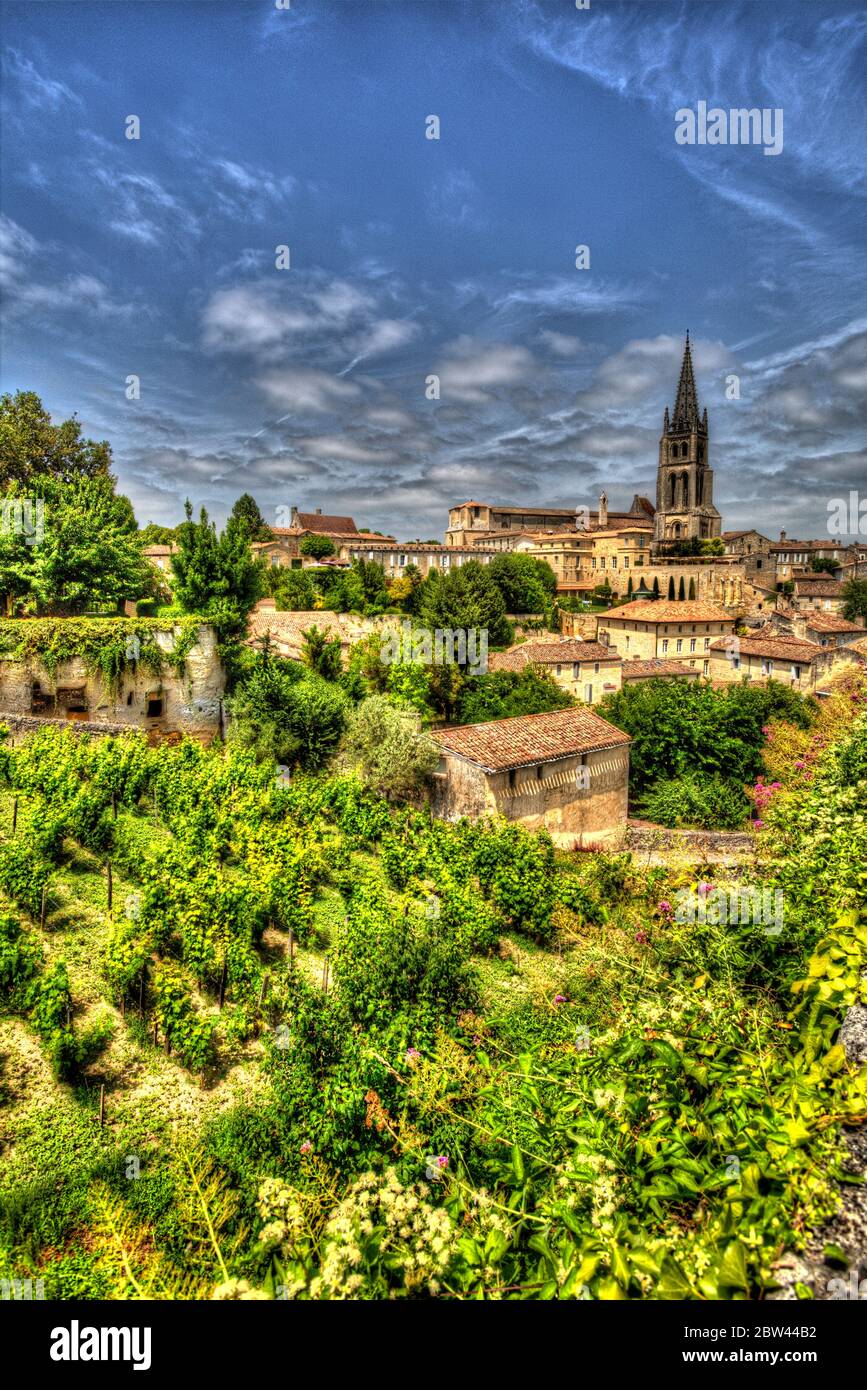 Town of Saint-Emilion, France. Artistic view overlooking the medieval town, and UNESCO World Heritage Site, of St Emilion. Stock Photo
