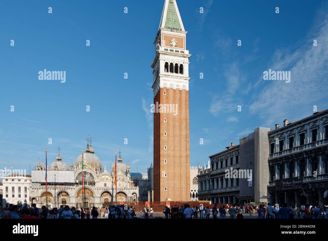 Sep 26,2011: Basilica San Marco, fragment of Doge's Palace and Campanile San Marco on Piazza San Marco, with crowds of tourists. Stock Photo