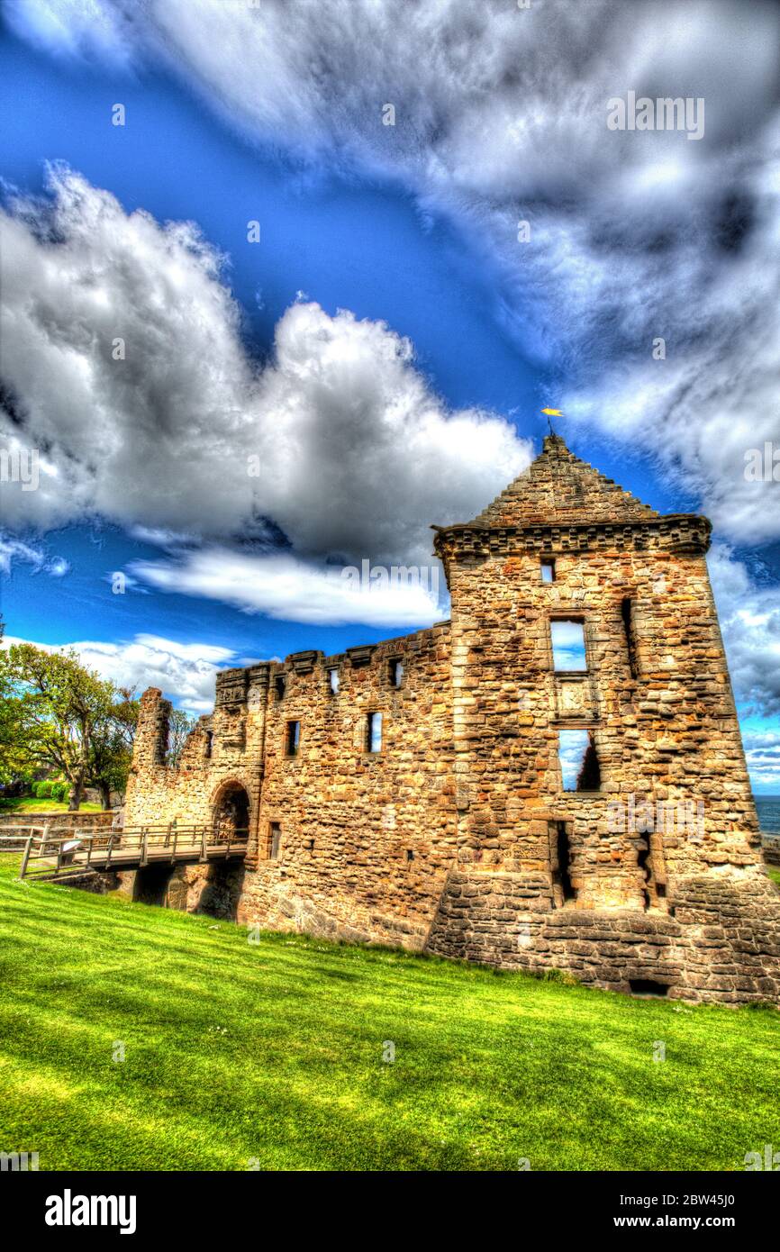 Town of St Andrews, Scotland. Artistic view of the historic St Andrews Castle ruins. Stock Photo
