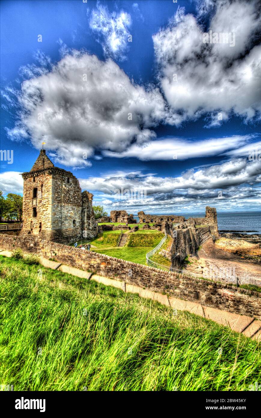 Town of St Andrews, Scotland. Artistic view of the historic St Andrews Castle ruins, which overlooks Castle Sands and the North Sea. Stock Photo