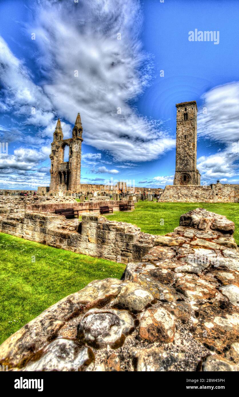 Town of St Andrews, Scotland. Artistic view of St Andrews Cathedral, with Rules Tower on the right and East Gable on the left. Stock Photo
