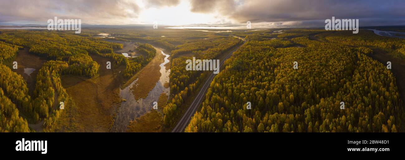 Alaska Route 3 aka George Parks Highway and Alaska landscape aerial view in fall with the morning sun light, at the south of Denali State Park, USA. Stock Photo