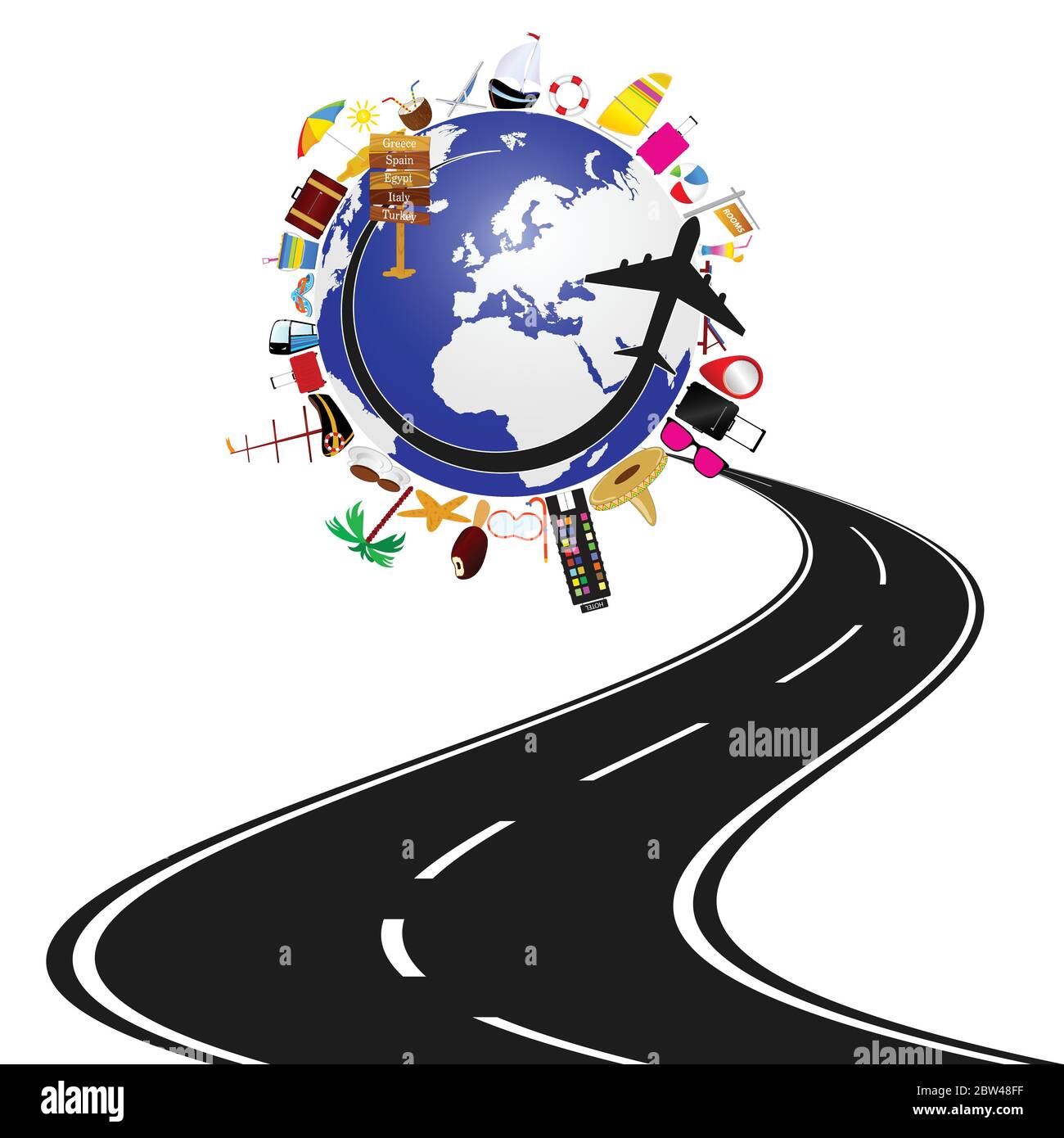 road with planet earth and travel icon illustration in colorful Stock ...