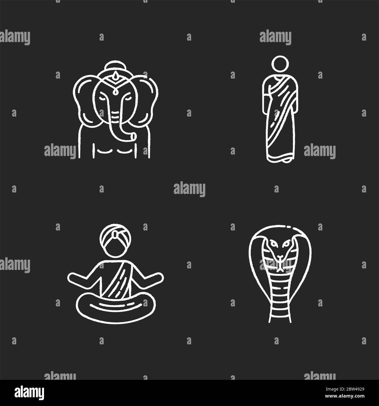 Indian culture chalk white icons set on black background Stock Vector