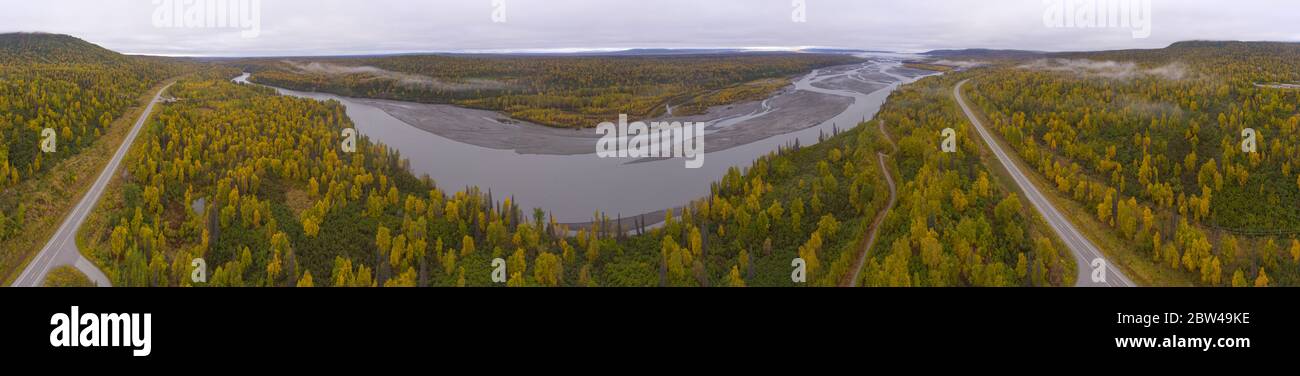 Alaska Route 3 aka George Parks Highway and Susitna River aerial view in fall, at Denali State Park, Alaska AK, USA. Stock Photo