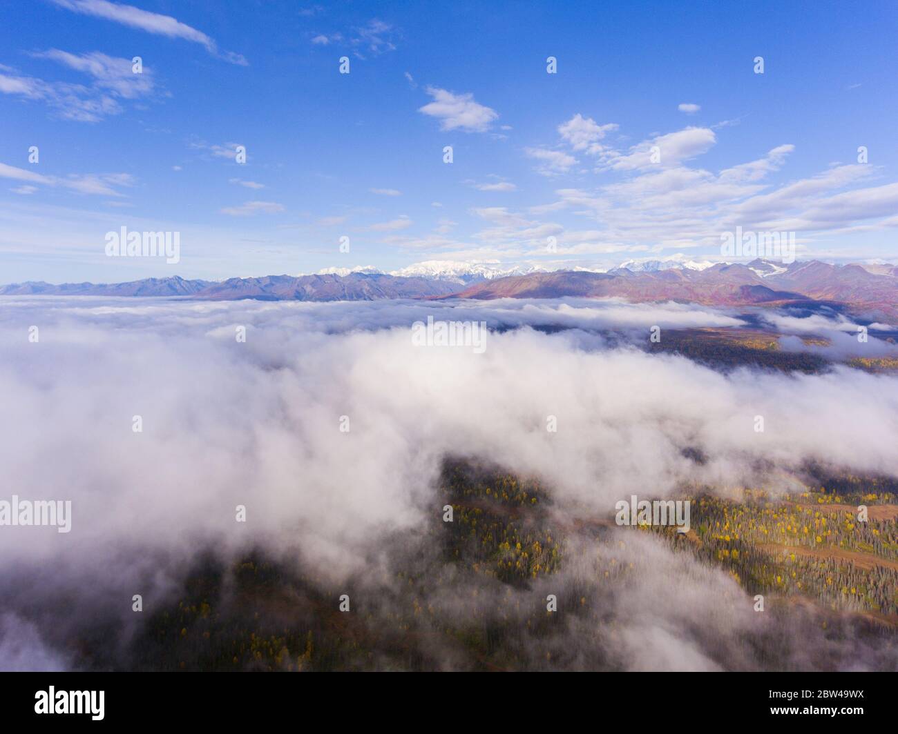 Denali and Alaska Range mountains aerial view over the cloud in fall, near Denali State Park, Alaska AK, USA. Stock Photo