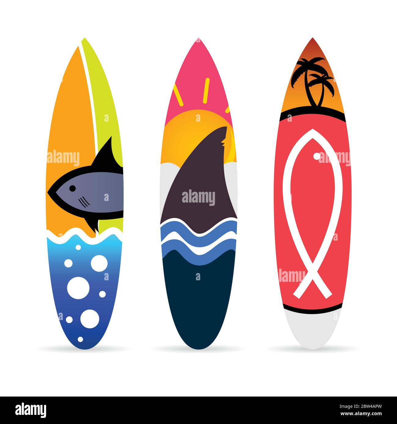 surfboard with fish icon on it set illustration in colorful Stock ...