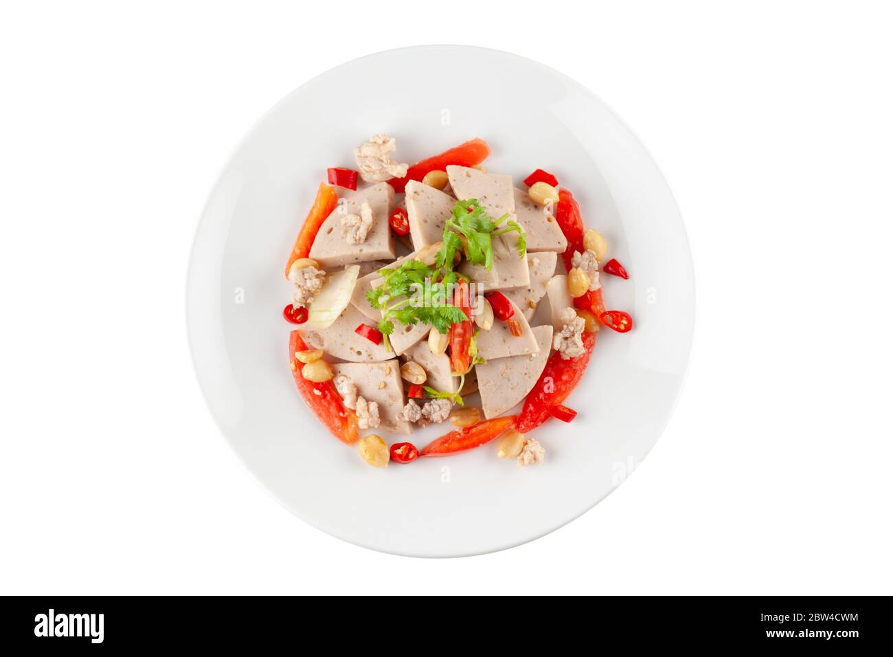 Spicy Vietnamese Sausage Salad on white ceramic plate isolated on white background with clipping path Stock Photo