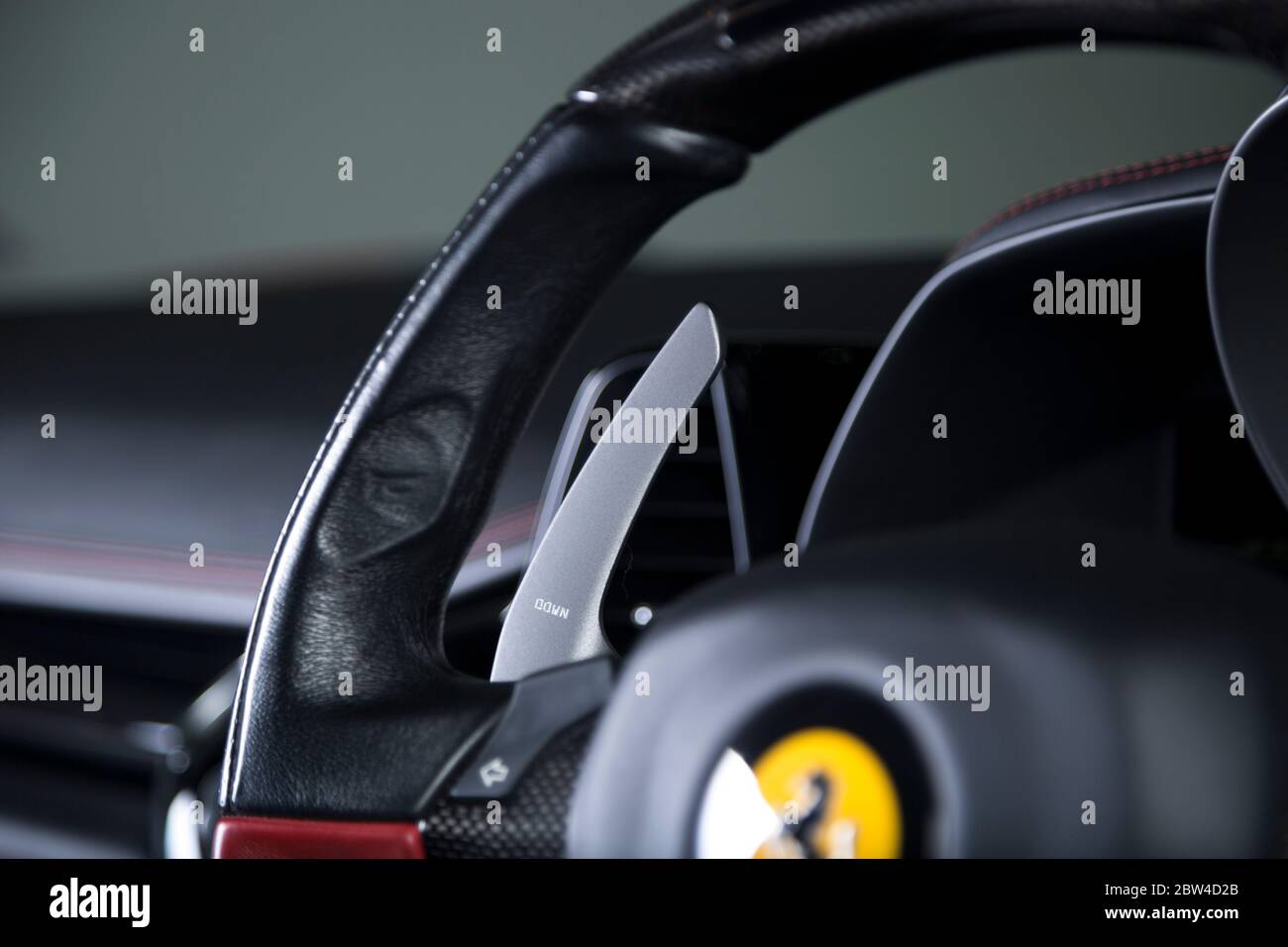 Close up of gear shift paddle in a Ferrari interior Stock Photo