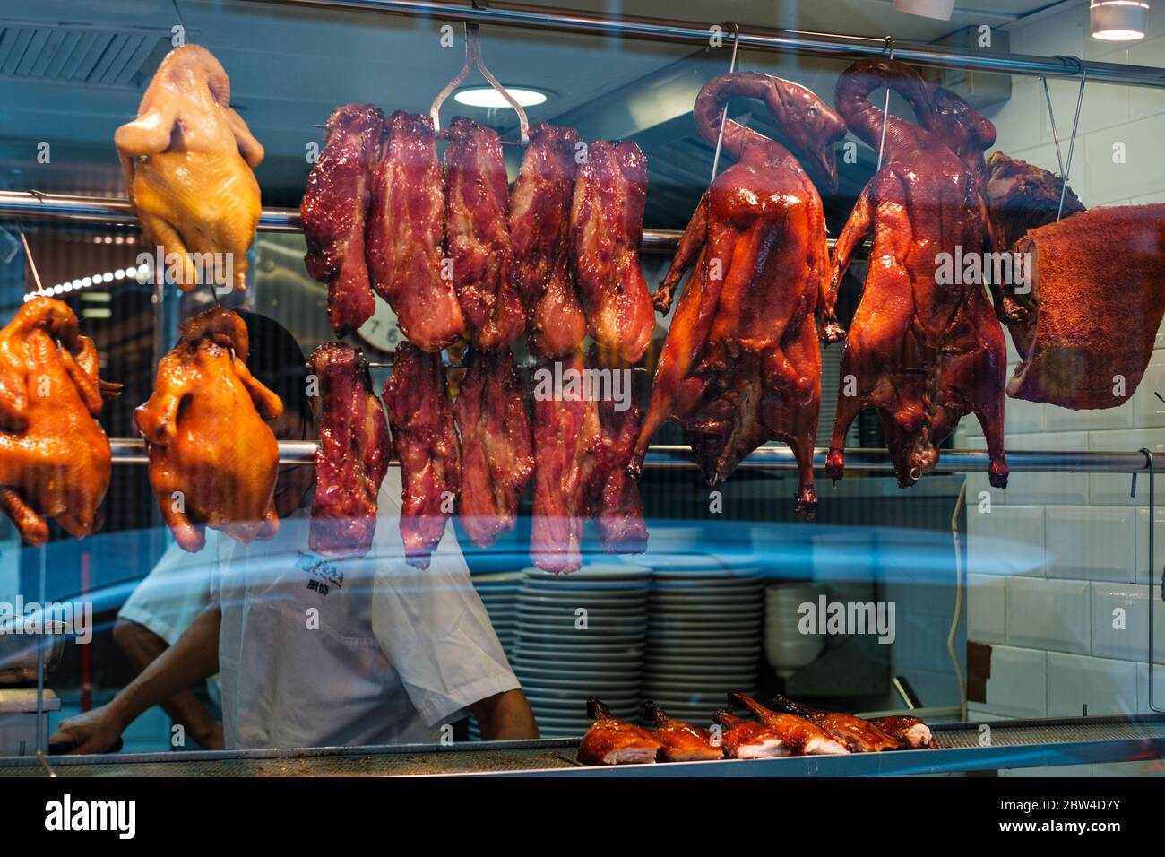 Hong Kong - November, 2019: Roasted ducks, peking duck and roast goose, a common picture in restaurant window of Hong Kong Stock Photo