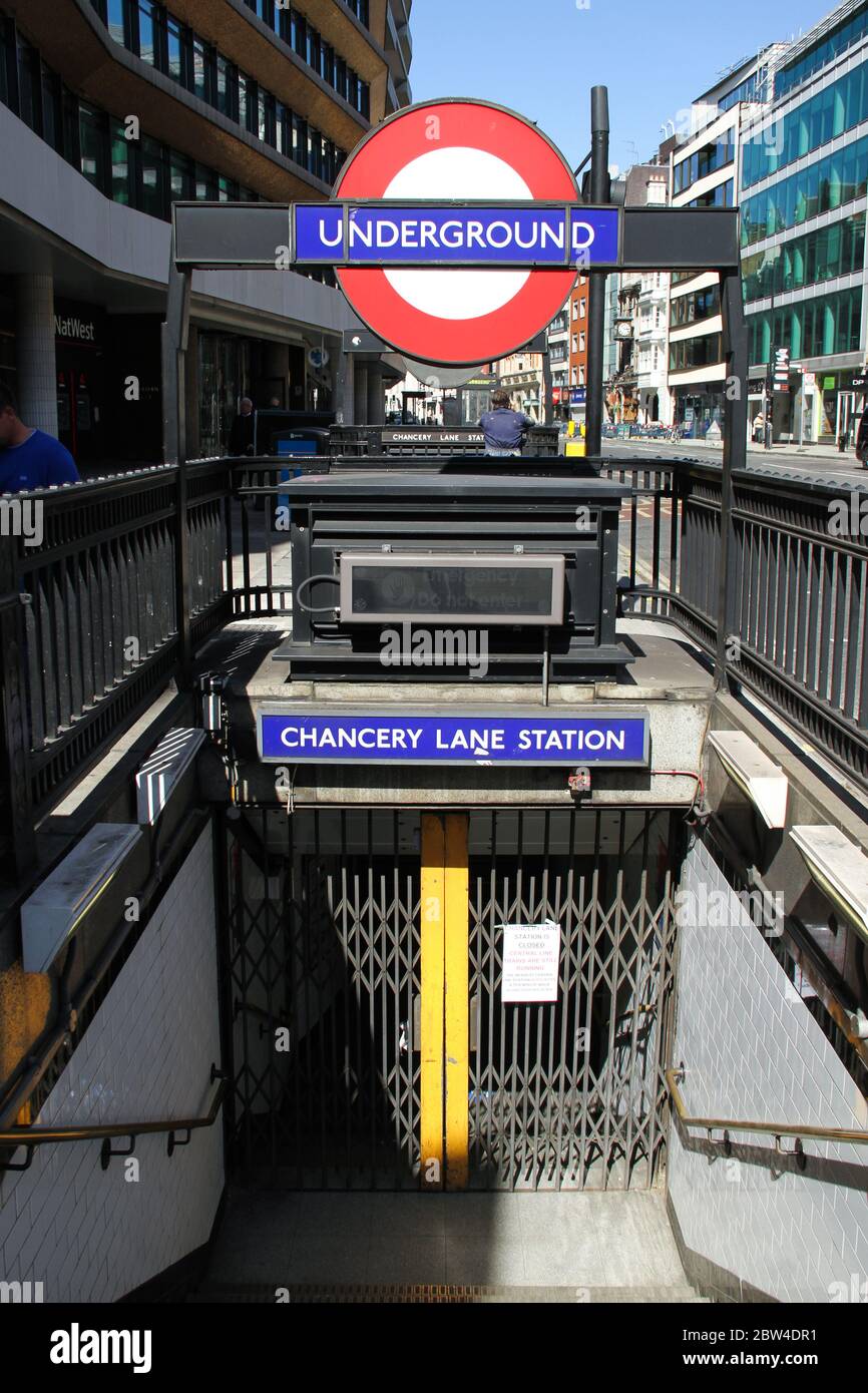 London UK 29 May 2020 Entrance to Chancery Lane Station closed