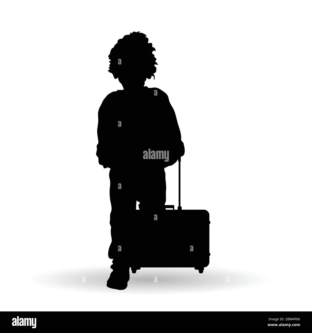 child boy with travel bag silhouette illustration in black Stock Vector