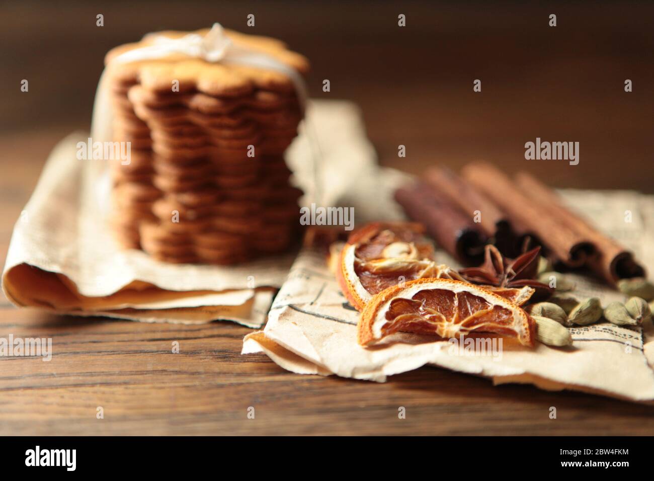 Homemade tasty gingerbread cookies on dark rustic wooden table, copy space. Healthy vegan