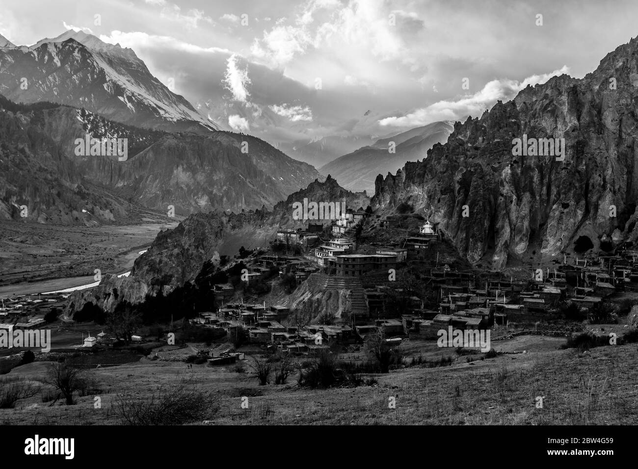Buddhist monastery in the mountain village Braga (Braka) in Nepal, Himalayas, Annapurna Conservation Area Stock Photo