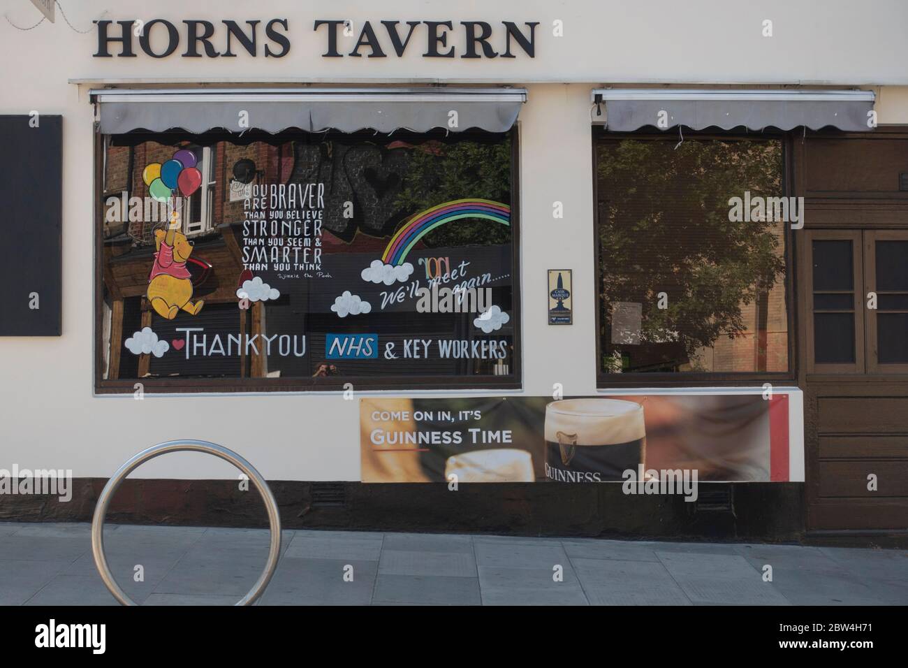 Horns Tavern pub in West Norwood with 'Thank You NHS' drawing in the window during the Coronavirus Lockdown on the 29th May 2020. Photo by Sam Mellish Stock Photo