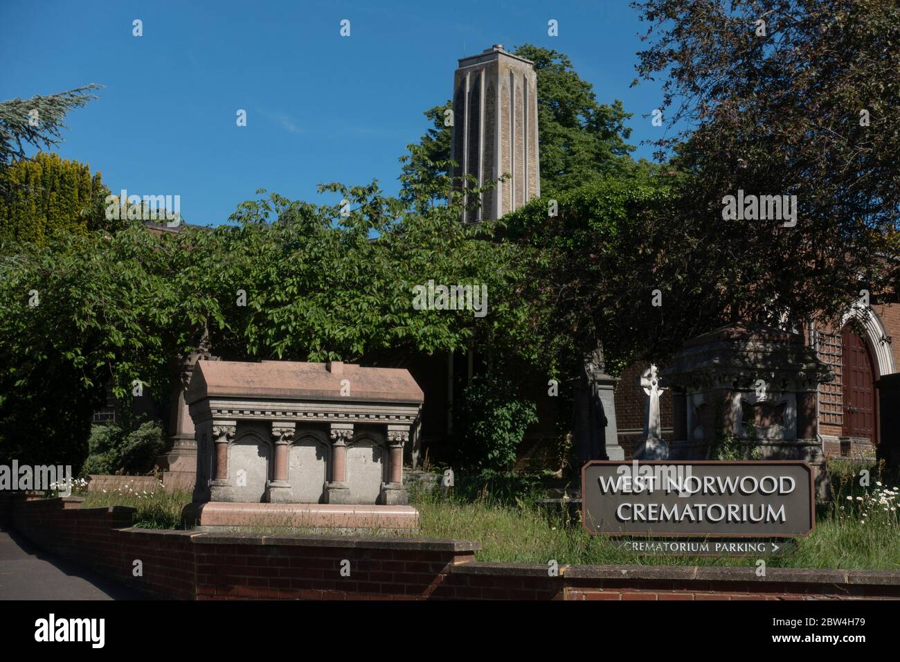 West Norwood Crematorium sign during the Coronavirus Lockdown on the 29th May 2020 in South London in the United Kingdom. Photo by Sam Mellish Stock Photo