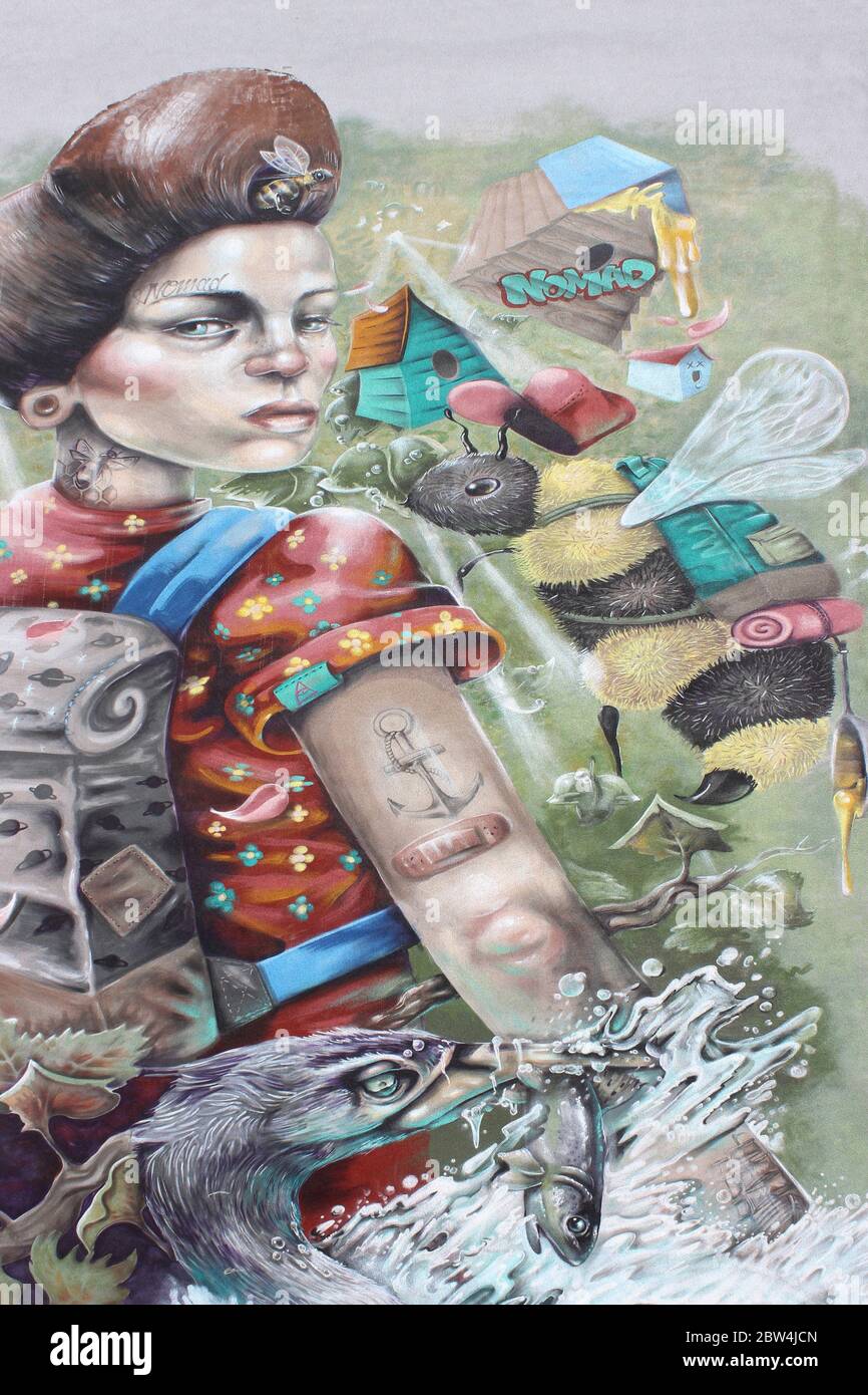 Street Art Of A Female Nomadic Character with Beehive Hairstyle And