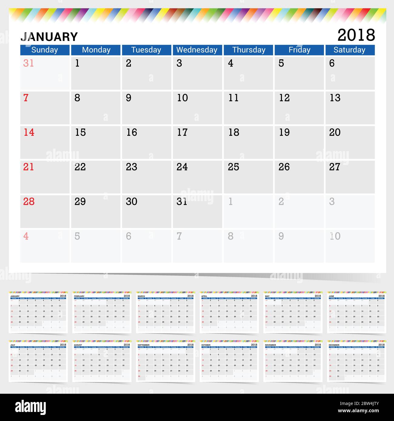calendar planner for year 2018 blue version Stock Vector