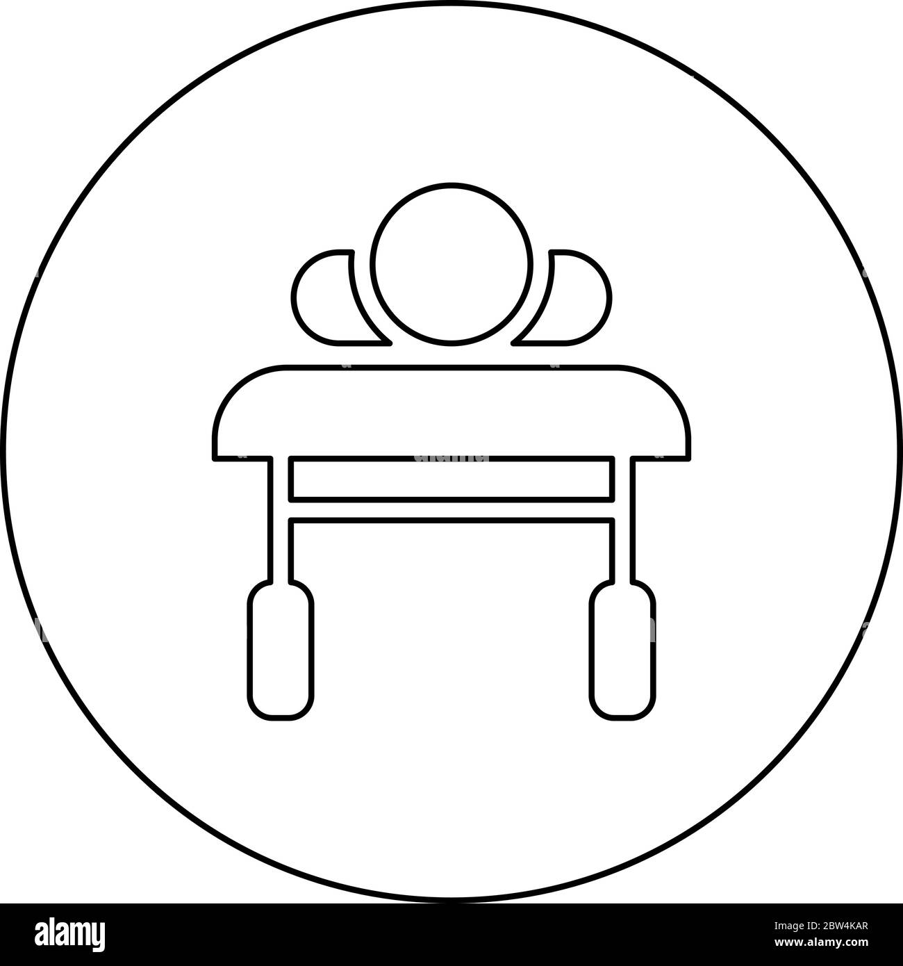 Patient lying on medical bed couch view from head Sick man Rehabilitation icon in circle round outline black color vector illustration flat style Stock Vector