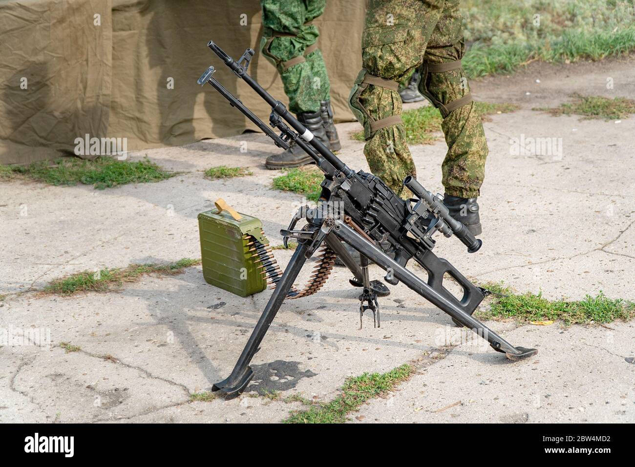 A light machine gun on bipod with telescopic sights. Russian weapon