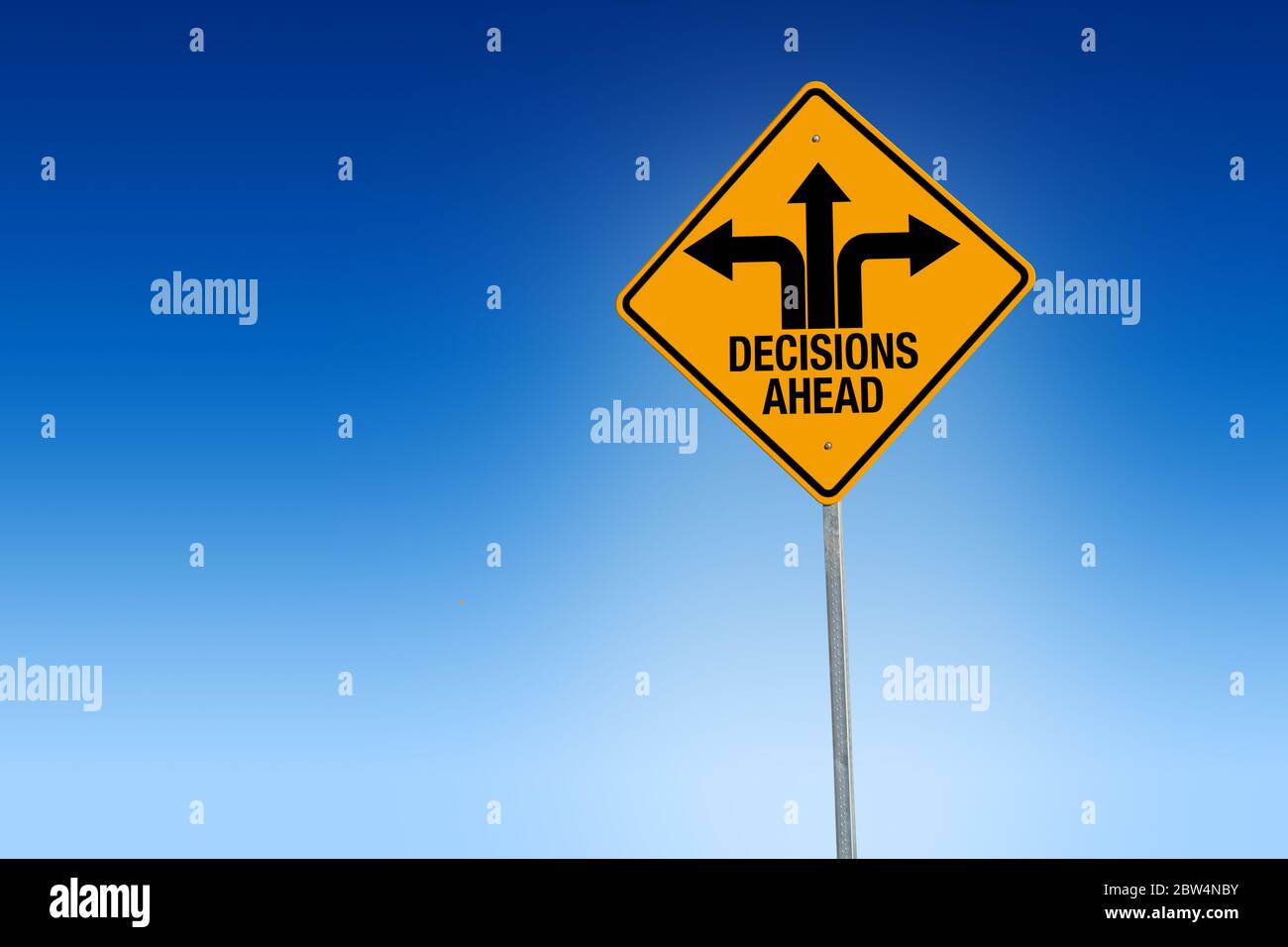 Descisions ahead road sign in warning yellow with blue background, - Illustration Stock Photo