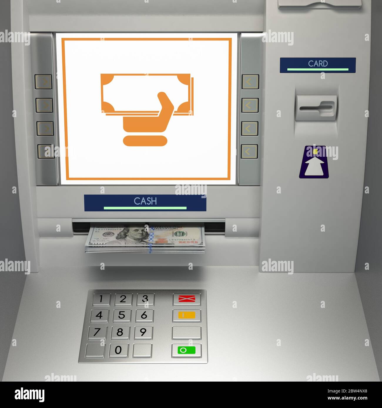ATm machine with banknotes in the money slot Stock Photo